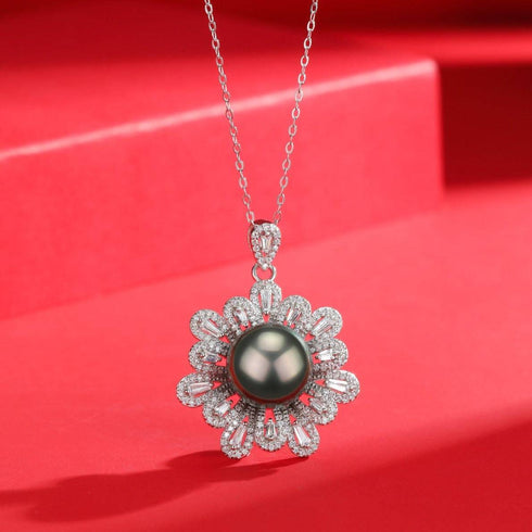 11-12mm Tahitian Pearl Floral Pendant Necklace - House Of Pearls